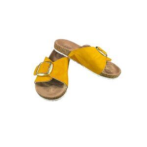 Yellow Suede Buckle Slide Sandals With Cork Sole